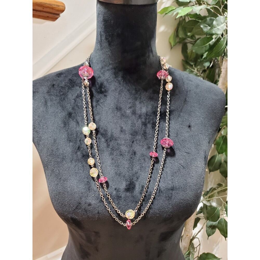 Gabi Women's Double Layer Multiple Bead Silver Chain Fashion Necklace